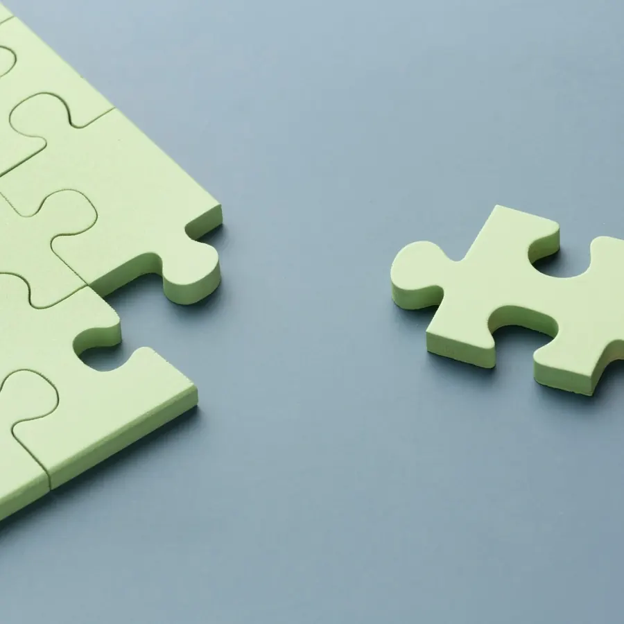 Light green jigsaw pieces on a grey-blue surface, one piece apart from the rest